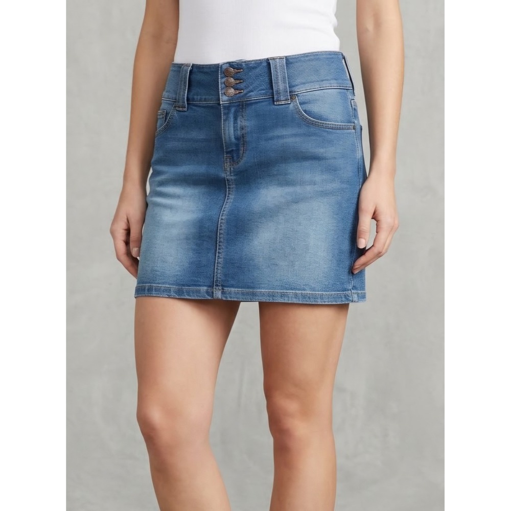 Ann Taylor LOFT Denim Medium Wash Triple Button Mini Skirt 14